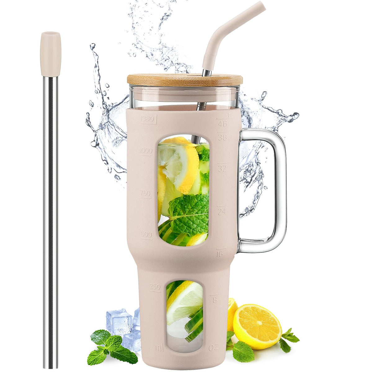 WINSA Glass Tumbler with Straw and Lid, 40 oz, Olive