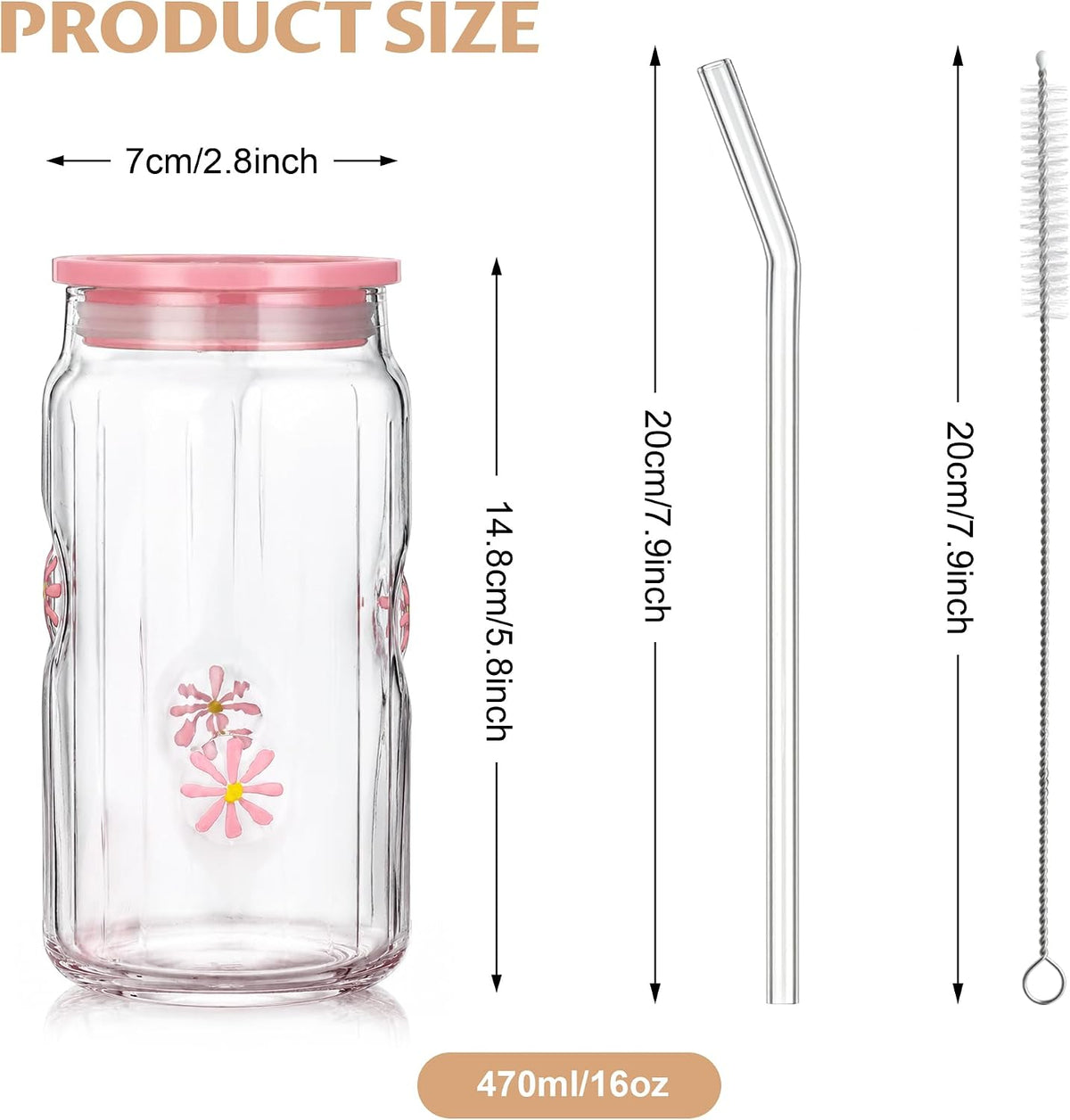 Joeyan 3D Daisy Glass Cup with Lid & Straw, 16oz Floral Iced Coffee Tumbler