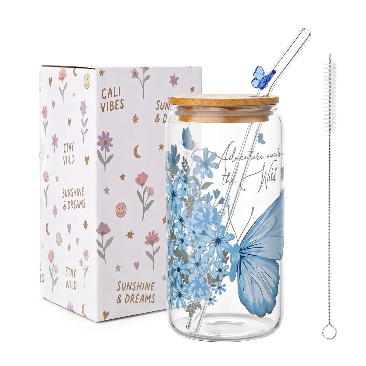 Aesthetic Glass Cups with Lids and Straws, 16oz Ocean Print Glass Tumbler with Bamboo Lid and Glass Straw, Cute Summer Drink Cup for Women, Iced Coffee Matcha Cup, Birthday Gifts