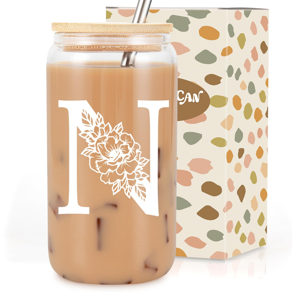 Coolife Initial Glass Cup, Monogrammed Gifts for Women, 16 oz Tumbler w/Lid