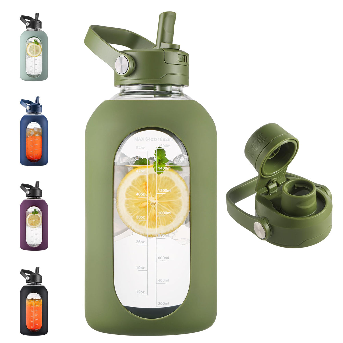 CIVAGO 64 oz Glass Water Bottle Jug with Detachable Straw and Time Maker