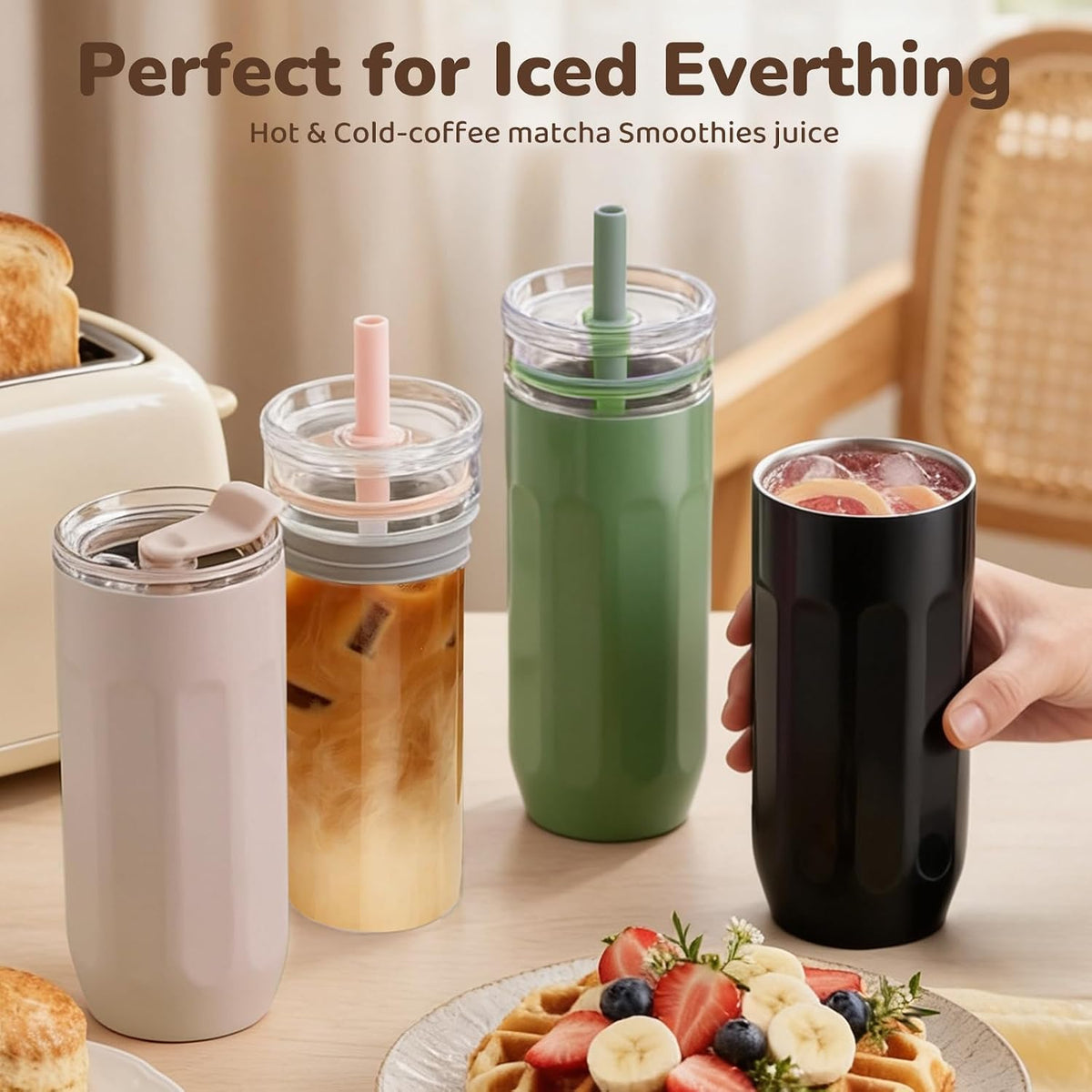 chunmo 18 oz Vacuum Insulated Glass Tumbler with Straw Lid & Spout Lid - Keeps Drinks Cold for 12 Hrs - Perfect Size Iced Coffee Cup - Smoothie Cup - Dishwasher Safe