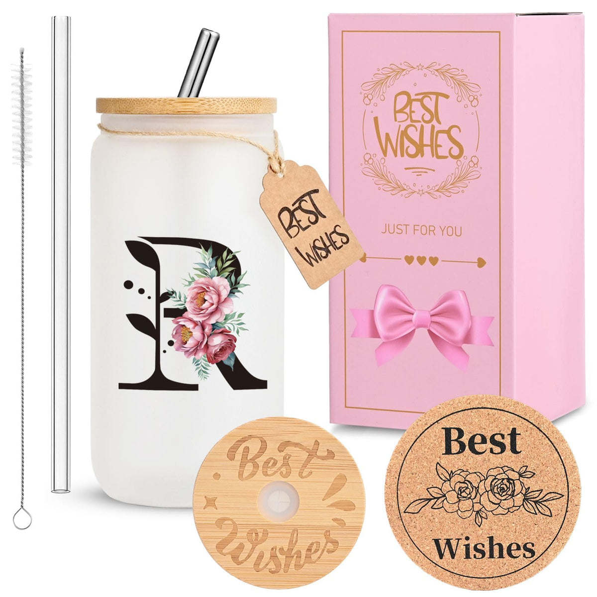 16oz Monogrammed Glass Tumbler, Frosted with Lid and Straw, Initial F