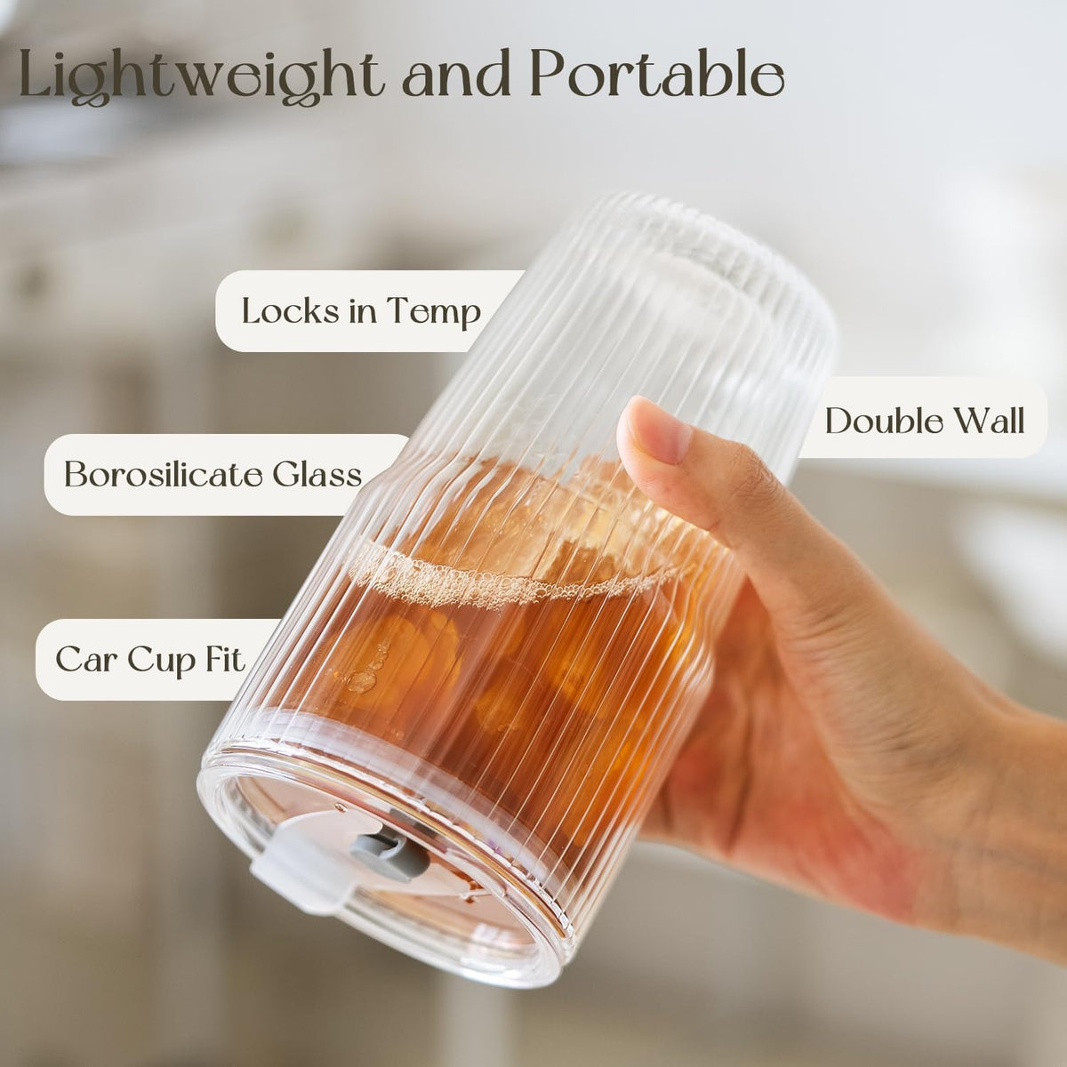 KEMORELA Double Wall Glass Tumbler,16oz Glass Tumbler with Lids and Straws
