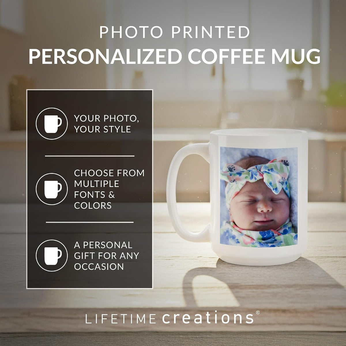 Lifetime Creations Custom New Baby Photo Mug with Text: Personalized Coffee Cup, 15 ounces, Custom Newborn Photo Gift for New Parents, New Mom Keepsake, Baby Name Announcement, Printed in USA