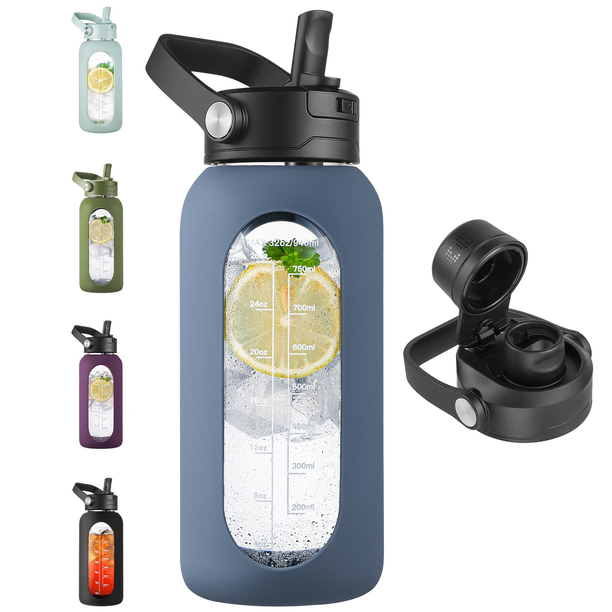 CIVAGO 64 oz Glass Water Bottle Jug with Detachable Straw and Time Maker