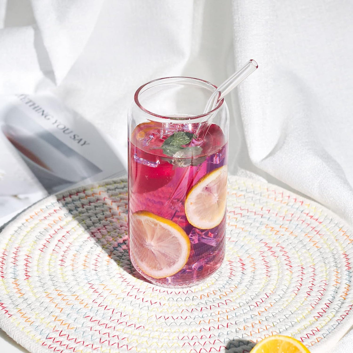 Glass Cup, 16oz Drinking Glasses with Lid, Straw, Coffee Beer Tumbler, 1 Pc