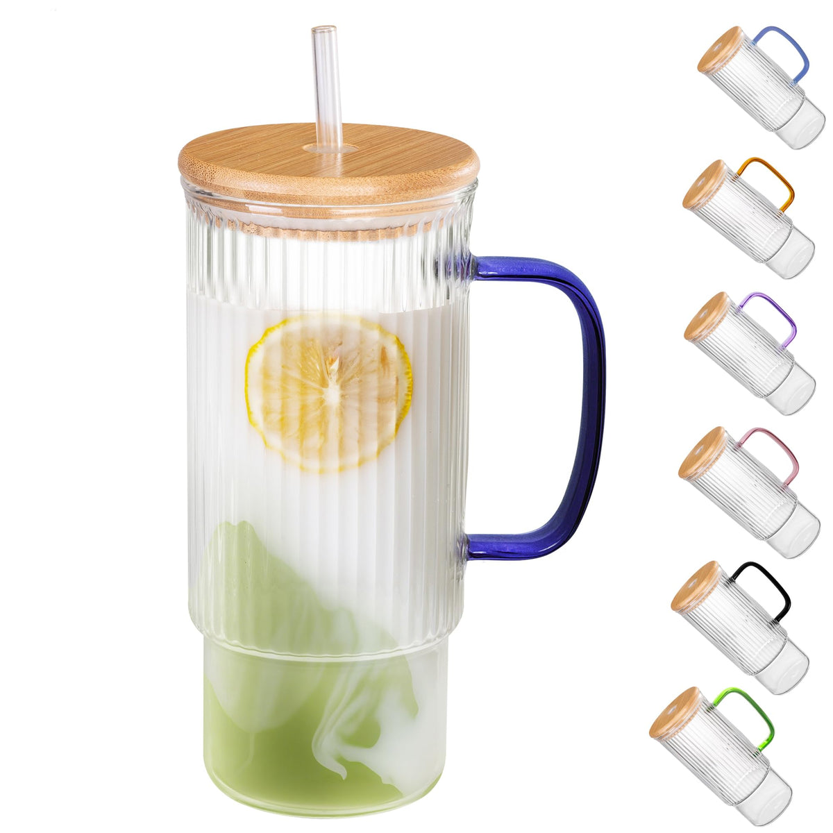 32oz Ribbed Glass Cup with Handle Bamboo Lid and Straw, Glass Tumbler, Iced Coffee Cups Hot/Cold Drinks