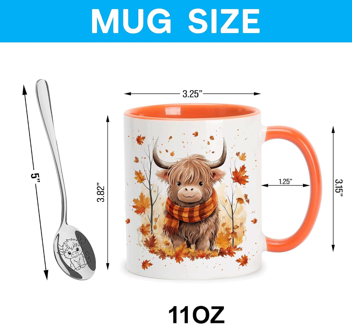 Hyturtle Fall Highland Cow Maple Leave Coffee Mug with Spoon Gift For Women