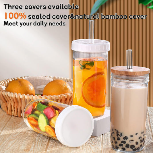Iced Coffee Cups with Lids,Glass Cups with Lids and Straws,4 Coffee Tumbler