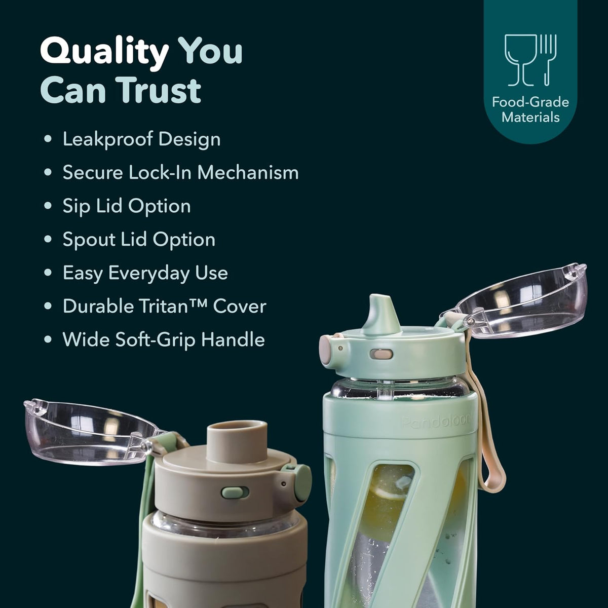 Pandaloo® Orbit 32 oz Glass Water Bottle with 2 Leak-Proof Lids (Straw & Spout), Wide Mouth, Borosilicate Glass, BPA-Free, Cup Holder Friendly for Gym, Work, Travel & Daily Hydration - Sage