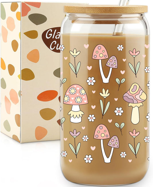 Mushroom Glass Cup with Bamboo Lids Straws, 16oz Retro Hippie Tumbler