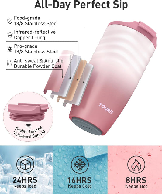 TOURIT 12 oz Travel Coffee Mug, Vacuum Insulated Stainless Steel Tumbler with Ripple-Wave Anti-Slip Grip, Built-in Silicone Bottom for Quiet & Stable, Leak-Proof Lid, Fits Car Cup Holder, Pink