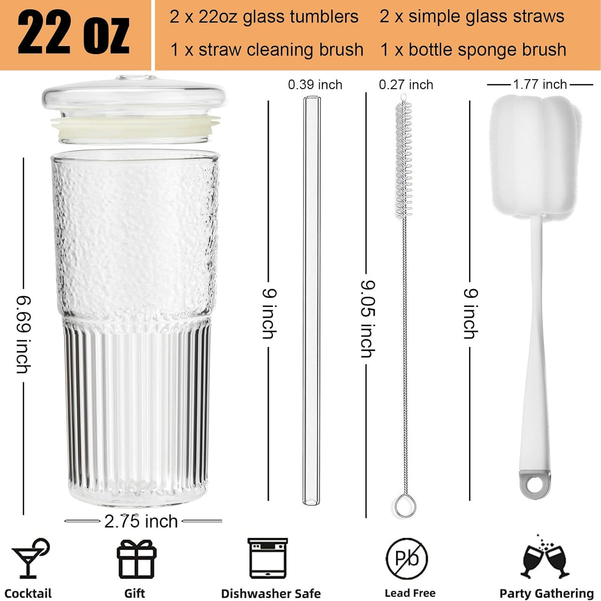 ALINK Glass Cups with Lids and Straws, 22 oz High Borosilicate Clear Iced Coffee Glass Tumblers, Drinking Glass Smoothie Tea Water Cups, Pack of 2 with Cleaning Brush