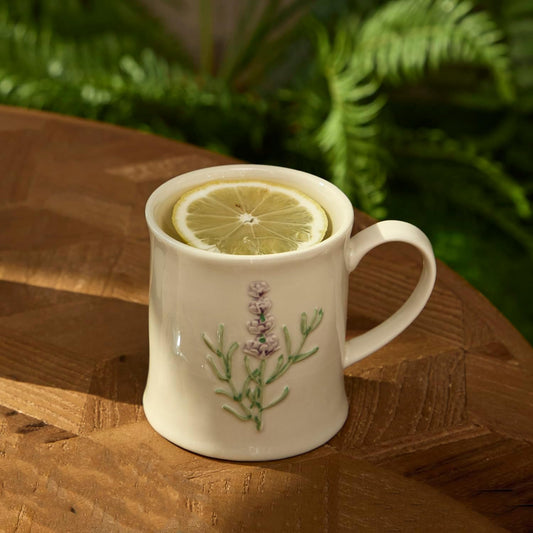 Artisanal Handcrafted Ceramic Mug with Sage Botanical Design - 10oz Off-White Stoneware Coffee Cup, Elegant Purple Sage Pattern, Dishwasher Safe, Comfort Grip Handle for Daily Use