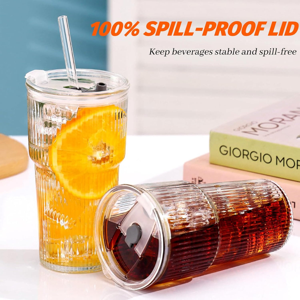 20oz Glass Tumblers with Lid and Straw, Ribbed Glass Iced Coffee Cup with Lid, Wide Mouth Thickened Vintage Glass Cup, Drinking Glasses Tumbler for Smoothieds, Cocktails, and Juices