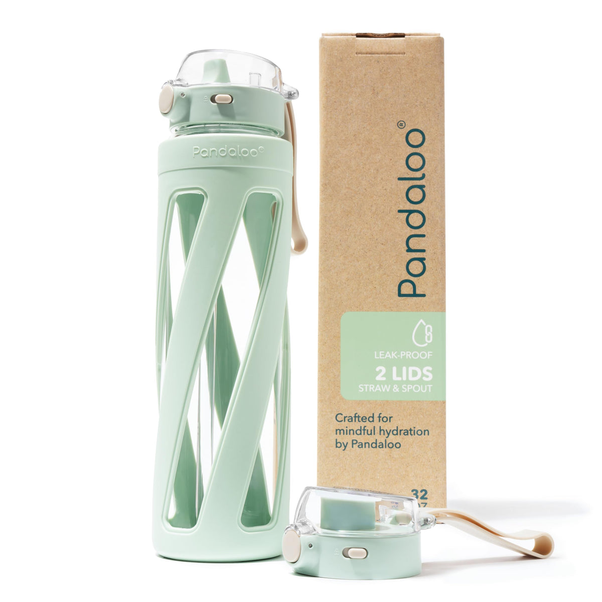 Pandaloo® Orbit 32 oz Glass Water Bottle with 2 Leak-Proof Lids (Straw & Spout), Wide Mouth, Borosilicate Glass, BPA-Free, Cup Holder Friendly for Gym, Work, Travel & Daily Hydration - Sage