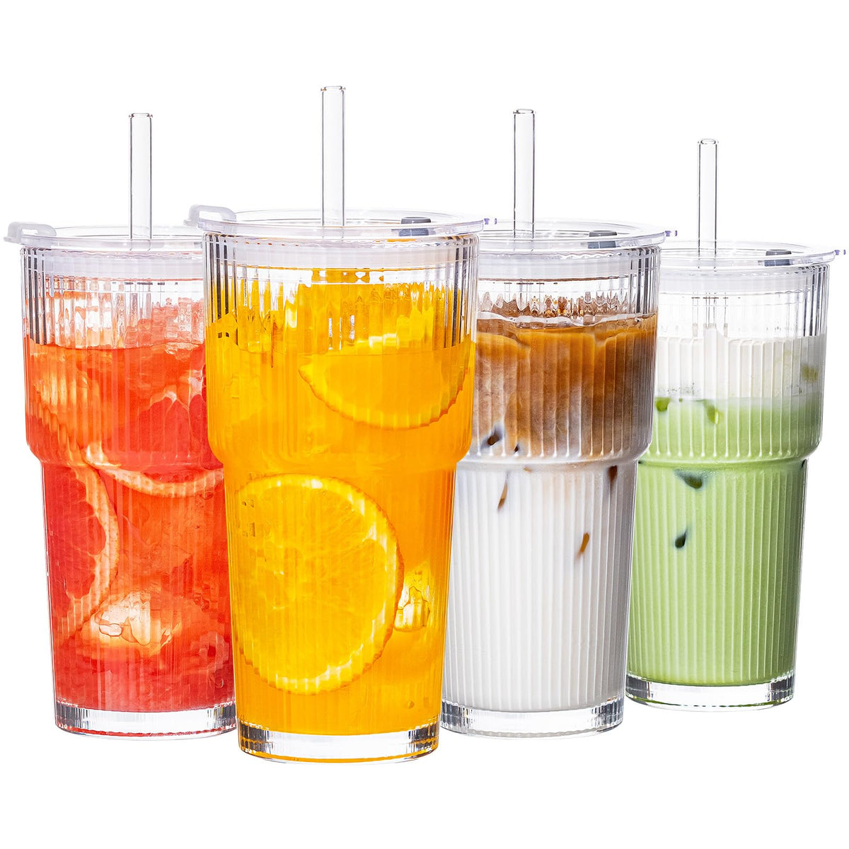 20oz Iced Coffee Cups with Lids, Glass Coffee Cups with Lids and Straws, 2P