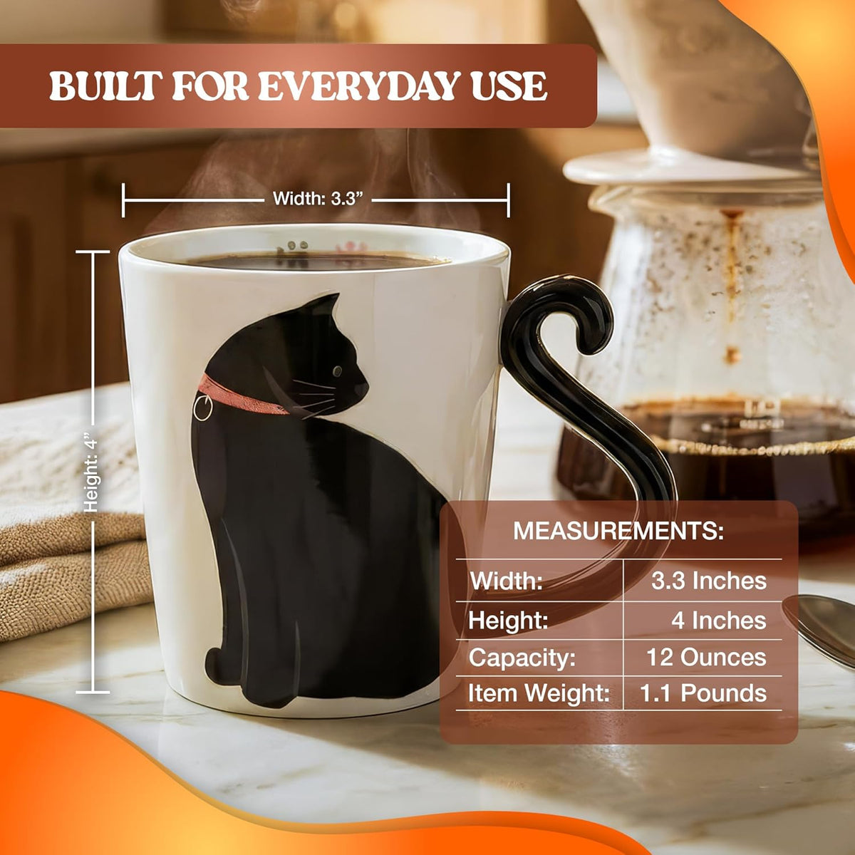 VOTUM Black Cat Coffee Mug, Novelty, 12 oz White Ceramic Tea Cup