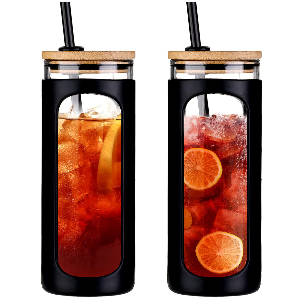 Kodrine 20oz Glass Water Tumbler with Straw and Lid, Bamboo Lids Water Bottle, Iced Coffee Cup Reusable, Wide Mouth Smoothie Cups with Protective Silicone Sleeve BPA FREE-Amber