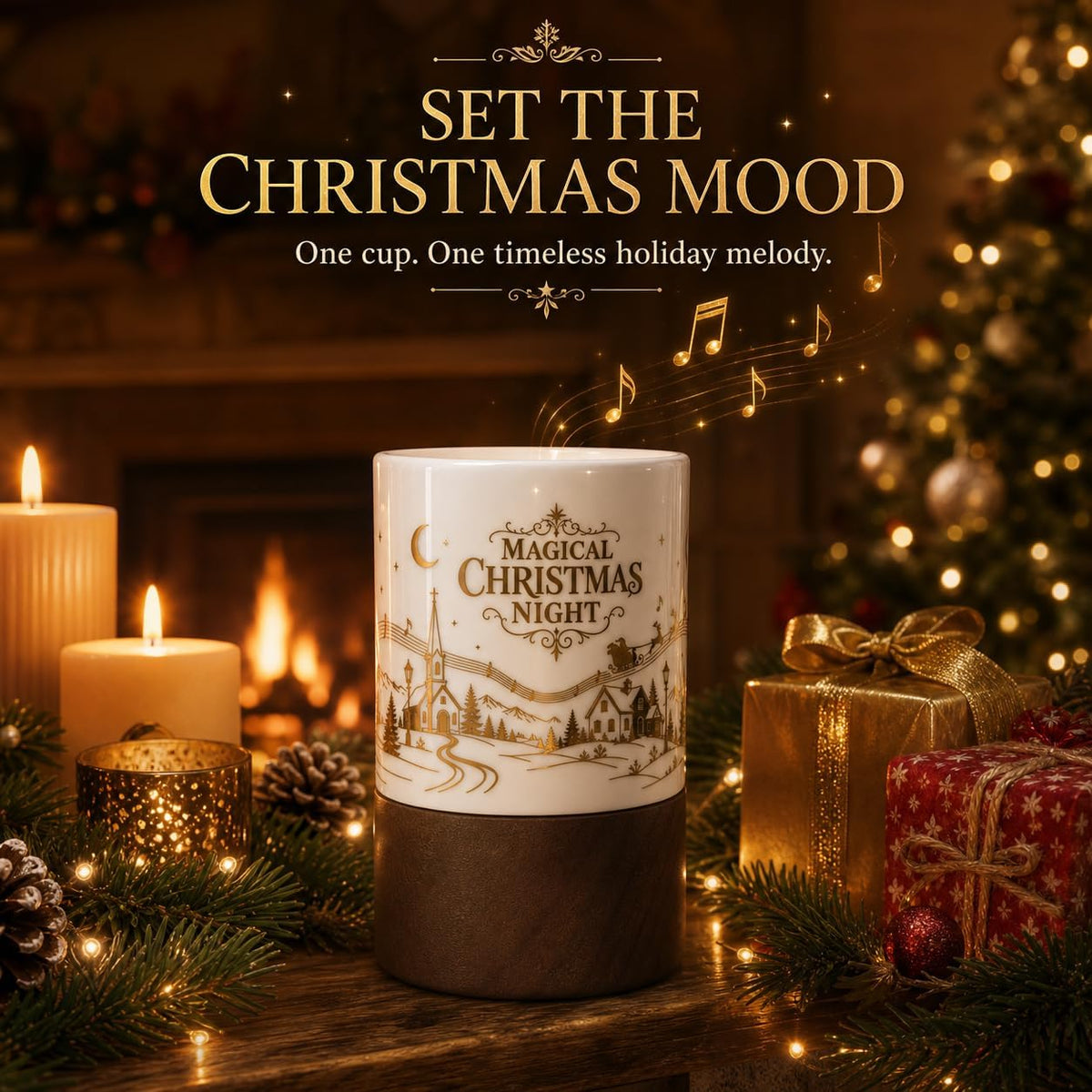Wind-Up Music Box Mug, Christmas Design, 12 oz Ceramic Coffee Cup with Solid Wood Base, Holiday Gift for Music Lovers, Women and Friends