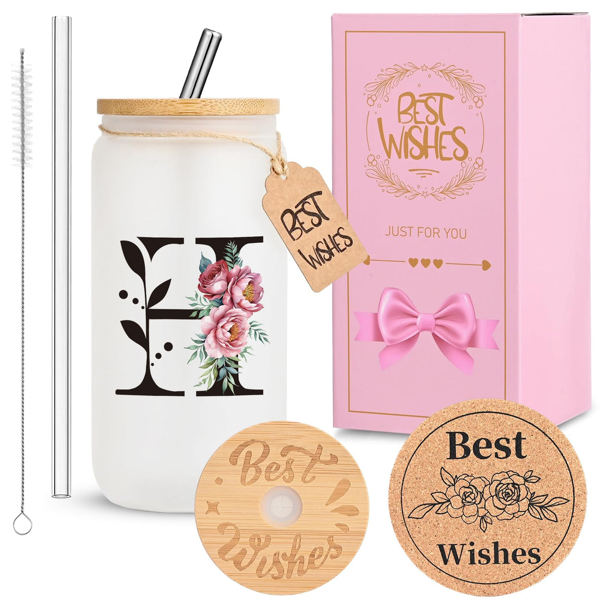 16oz Monogrammed Glass Tumbler, Frosted with Lid and Straw, Initial F