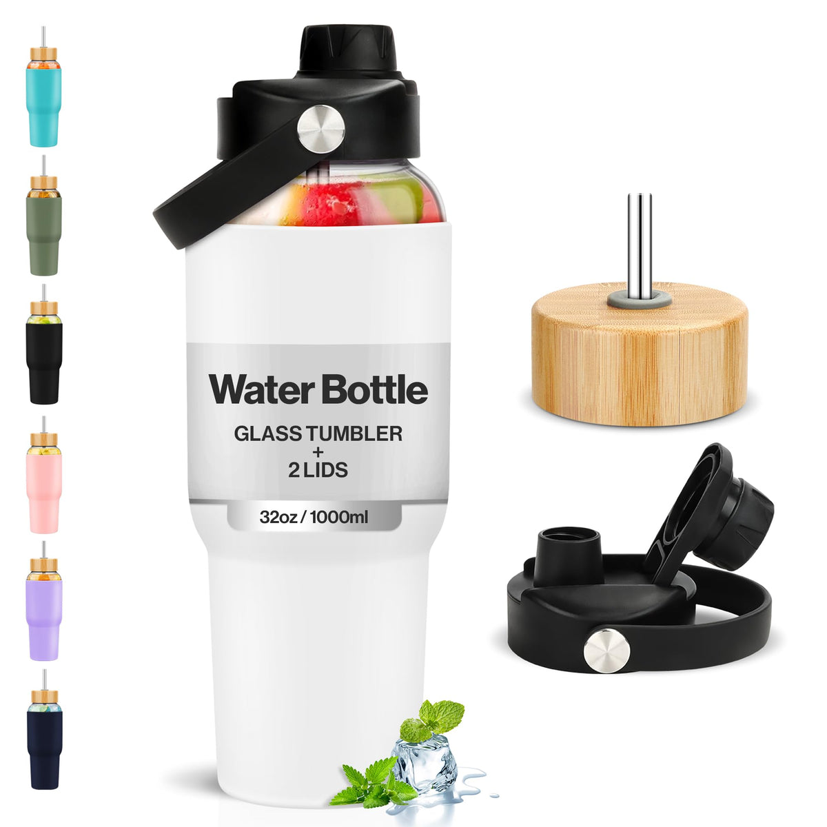 PROBTTL 40 oz Glass Tumbler with Handle - Sports Clear Borosilicate Glass Water Bottle with Straw, Silicone Sleeve, 2 Lids - Handle Spout & Bamboo Straw Lid, Fits Car Cup Holder, Leakproof (Olive)