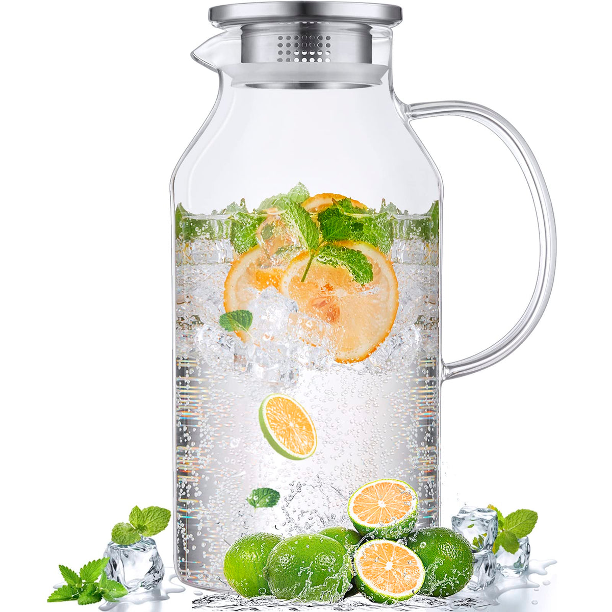 Bivvclaz 2 Liter 68 oz Glass Pitcher with Lid and Handle, Glass Carafe for Hot/Cold Water, Large Iced Tea Pitcher for Coffee, Juice and Homemade Beverage