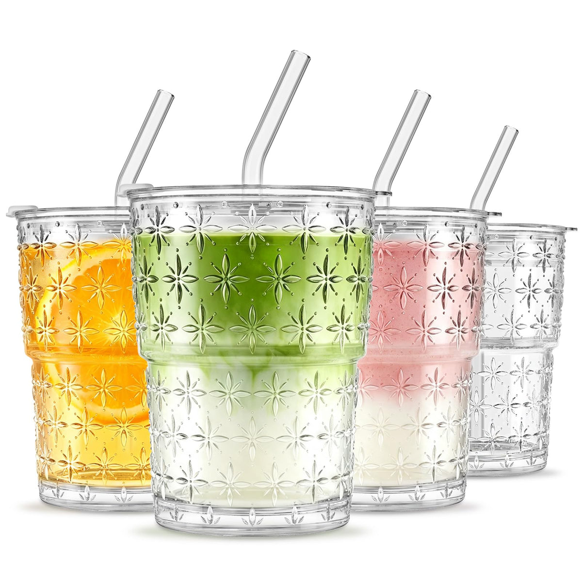 INSETLAN 20 oz Iced Coffee Cups with Lids and Straw, Set of 4 Glass Tumbler