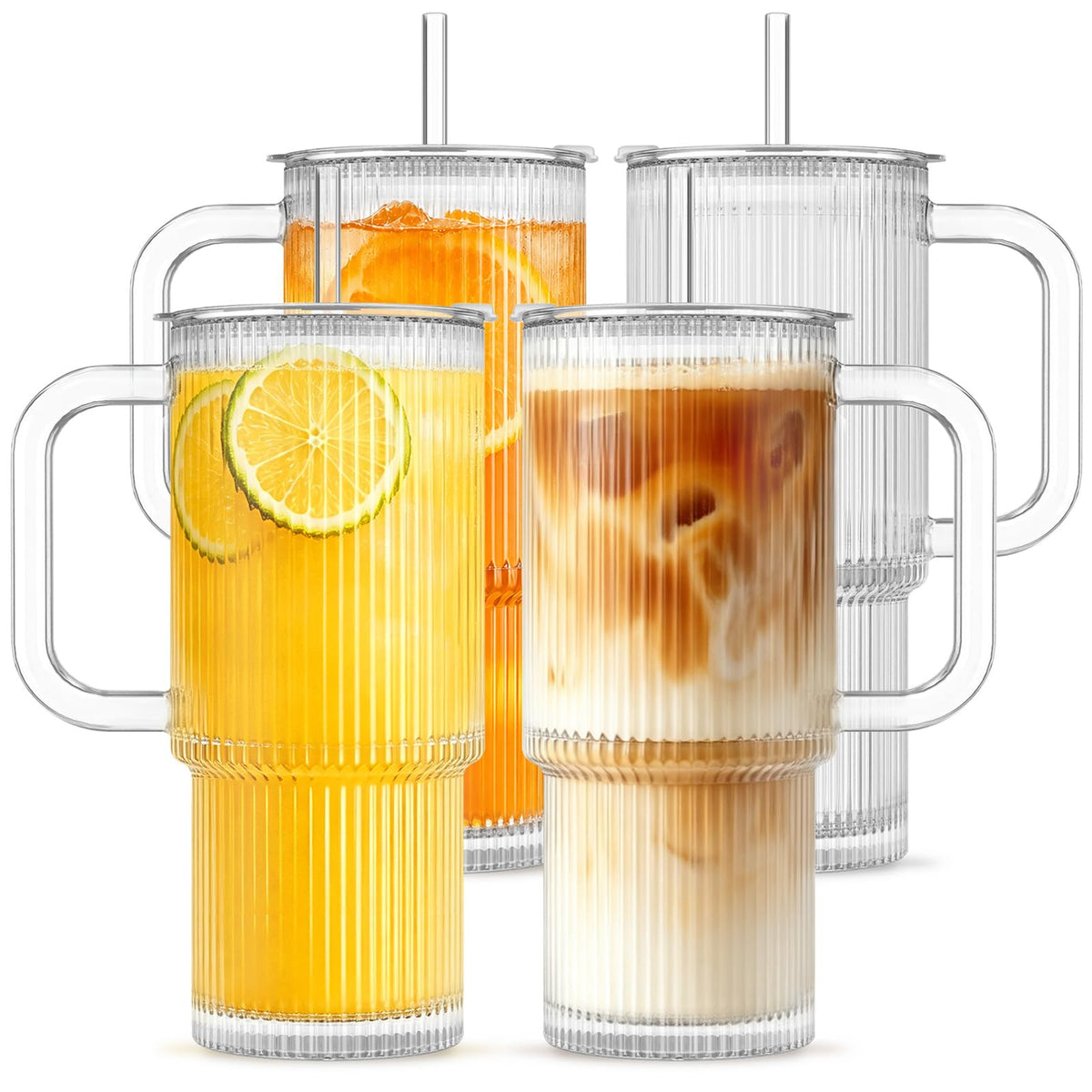 INSETLAN 24 oz Ribbed Glass Tumbler with Handle, 2-Pack Iced Coffee Cups