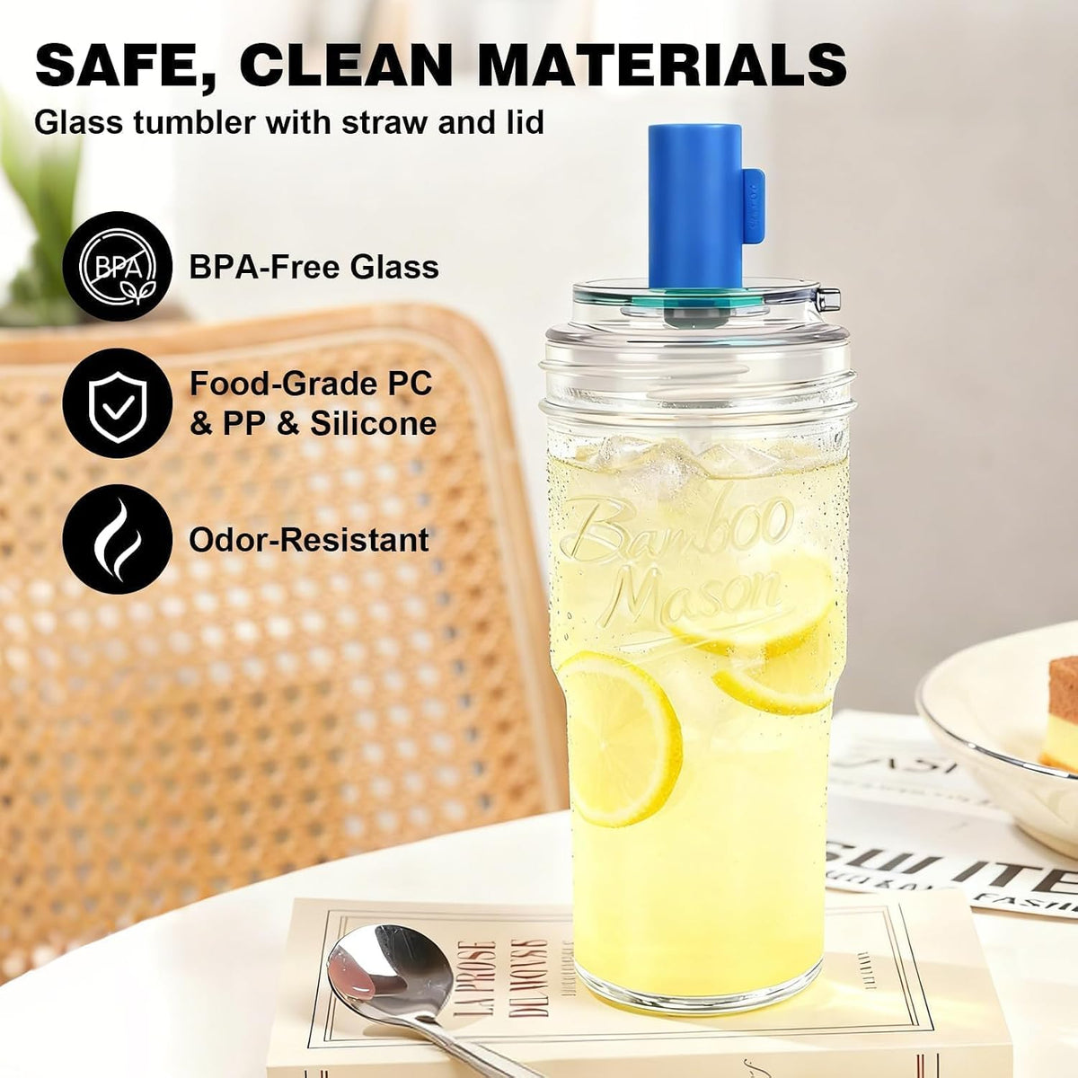 ANOTION Glass Cups With Lids And Straws, Leakproof Tumbler 24oz Mason Jar Coffee Cup, Cap Cup Leak-Proof, Silicone Straw, Reusable Iced Coffee Smoothie Matcha Cup Aesthetic Coffee Gifts Women 2pc