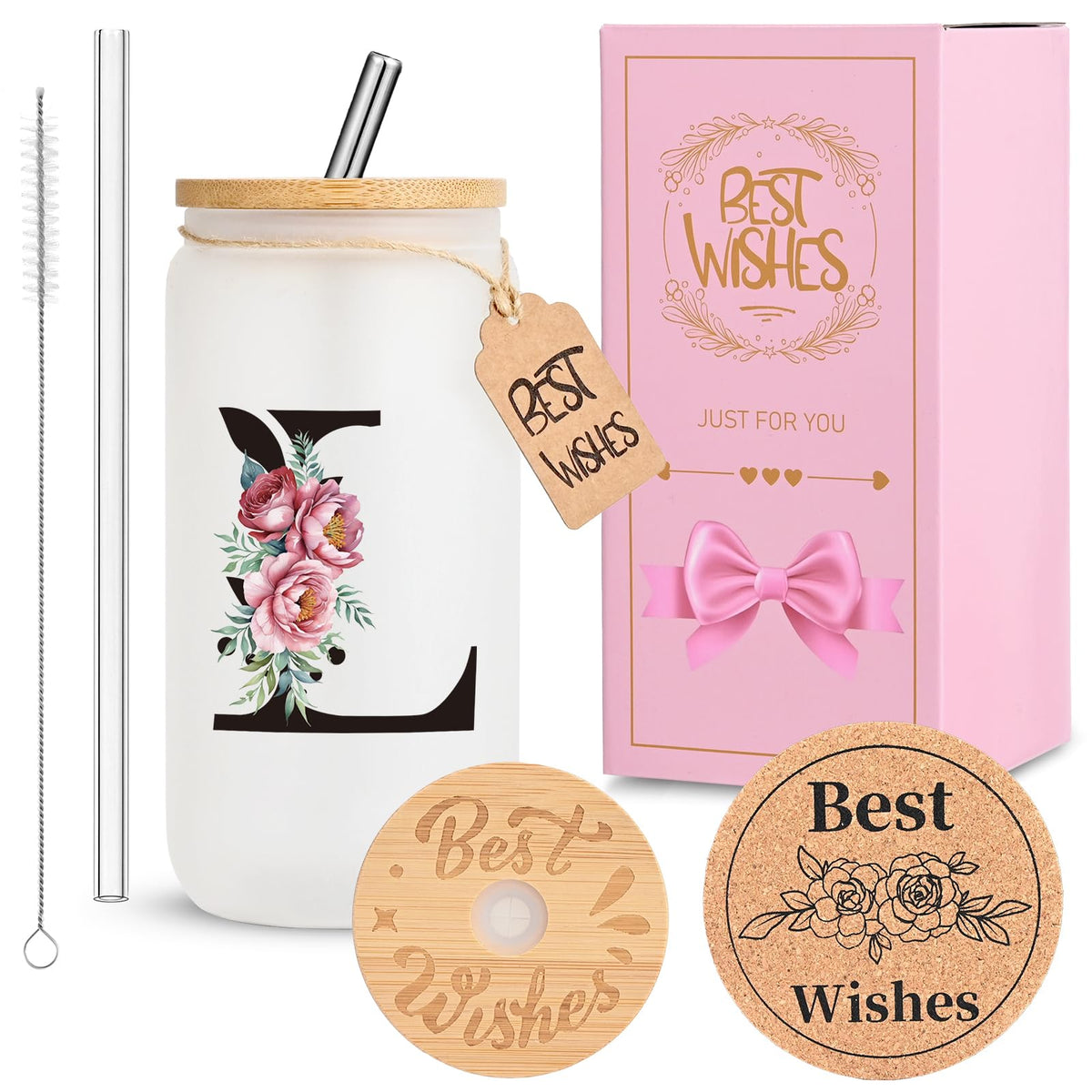 16oz Monogrammed Glass Tumbler, Frosted with Lid and Straw, Initial F
