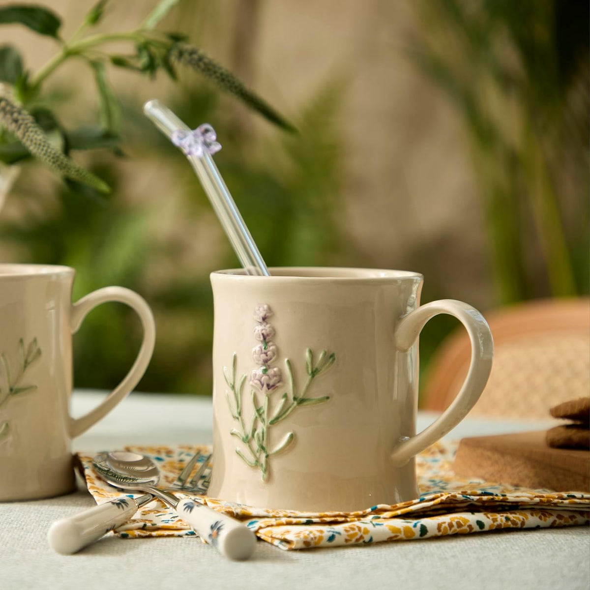 Artisanal Handcrafted Ceramic Mug with Sage Botanical Design - 10oz Off-White Stoneware Coffee Cup, Elegant Purple Sage Pattern, Dishwasher Safe, Comfort Grip Handle for Daily Use