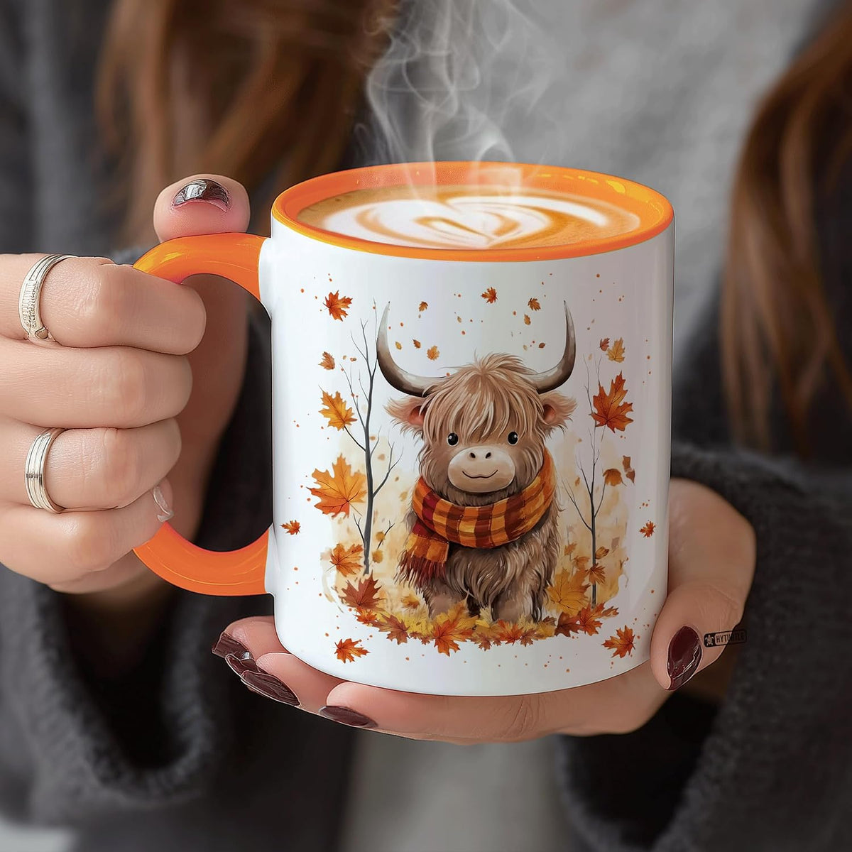 Hyturtle Fall Highland Cow Maple Leave Coffee Mug with Spoon Gift For Women