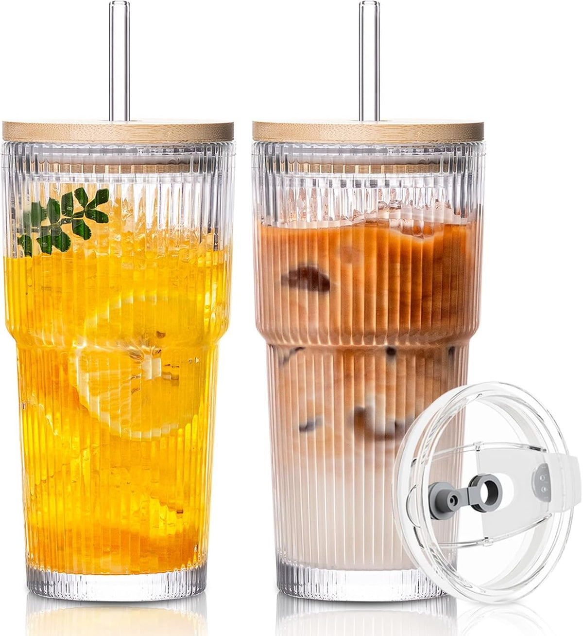 SoulTimes 20oz Ribbed Glass Tumbler with Bamboo Lid and Straw – Iced Coffee Glasses Cups for Smoothie, Matcha, Juice, Water etc. Leakproof and Reusable Glassware Drinking for Travel To Go 【2 Pack】