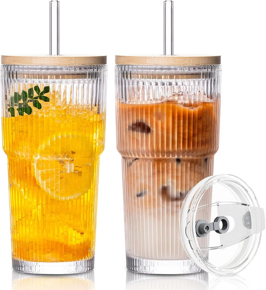 SoulTimes 20oz Ribbed Glass Tumbler with Bamboo Lid and Straw – Iced Coffee Glasses Cups for Smoothie, Matcha, Juice, Water etc. Leakproof and Reusable Glassware Drinking for Travel To Go 【2 Pack】