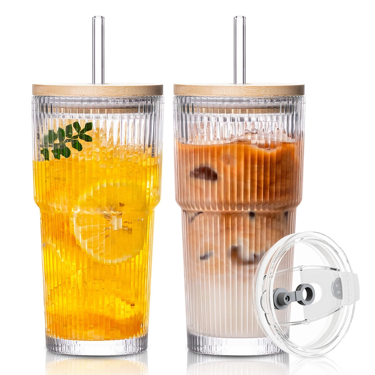 SoulTimes 20oz Ribbed Glass Tumbler with Bamboo Lid and Straw – Iced Coffee Glasses Cups for Smoothie, Matcha, Juice, Water etc. Leakproof and Reusable Glassware Drinking for Travel To Go 【2 Pack】