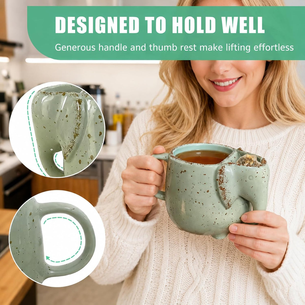 Elephant Mugs Unique Tea Mug for Women Tea Lover Ceramic Green 15 oz