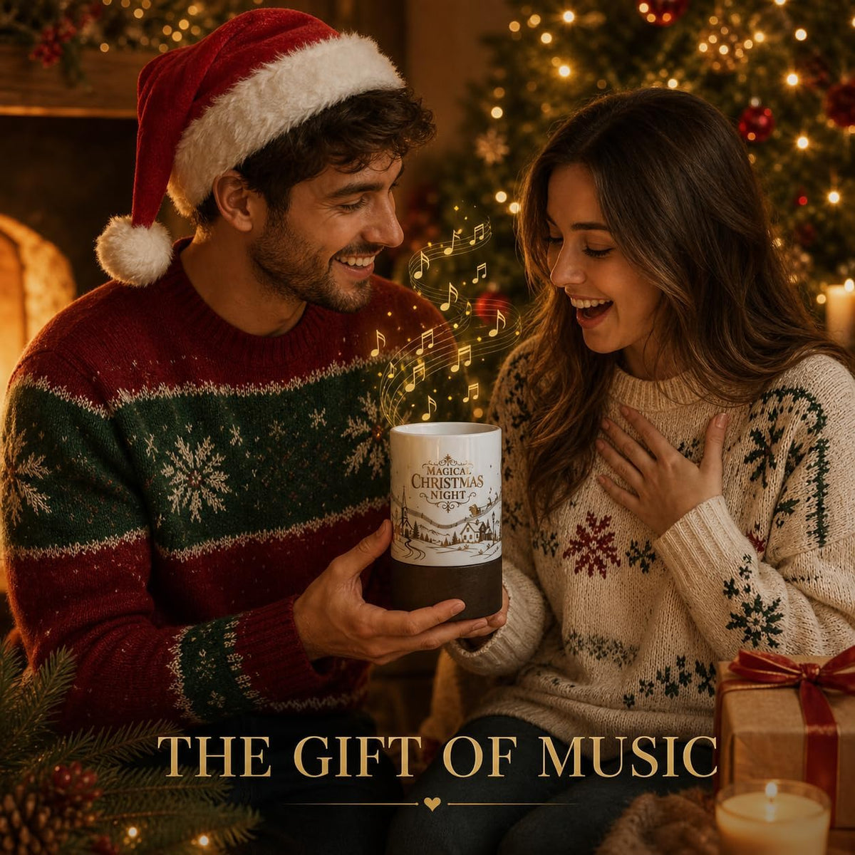 Wind-Up Music Box Mug, Christmas Design, 12 oz Ceramic Coffee Cup with Solid Wood Base, Holiday Gift for Music Lovers, Women and Friends