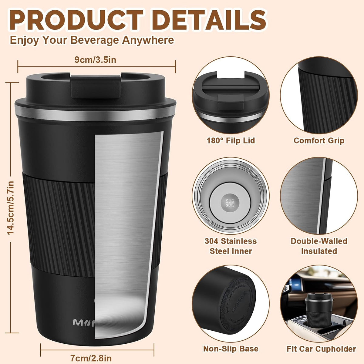 MOMSIV 12oz Travel Coffee Mug, Insulated Coffee Cup with Leakproof Lid