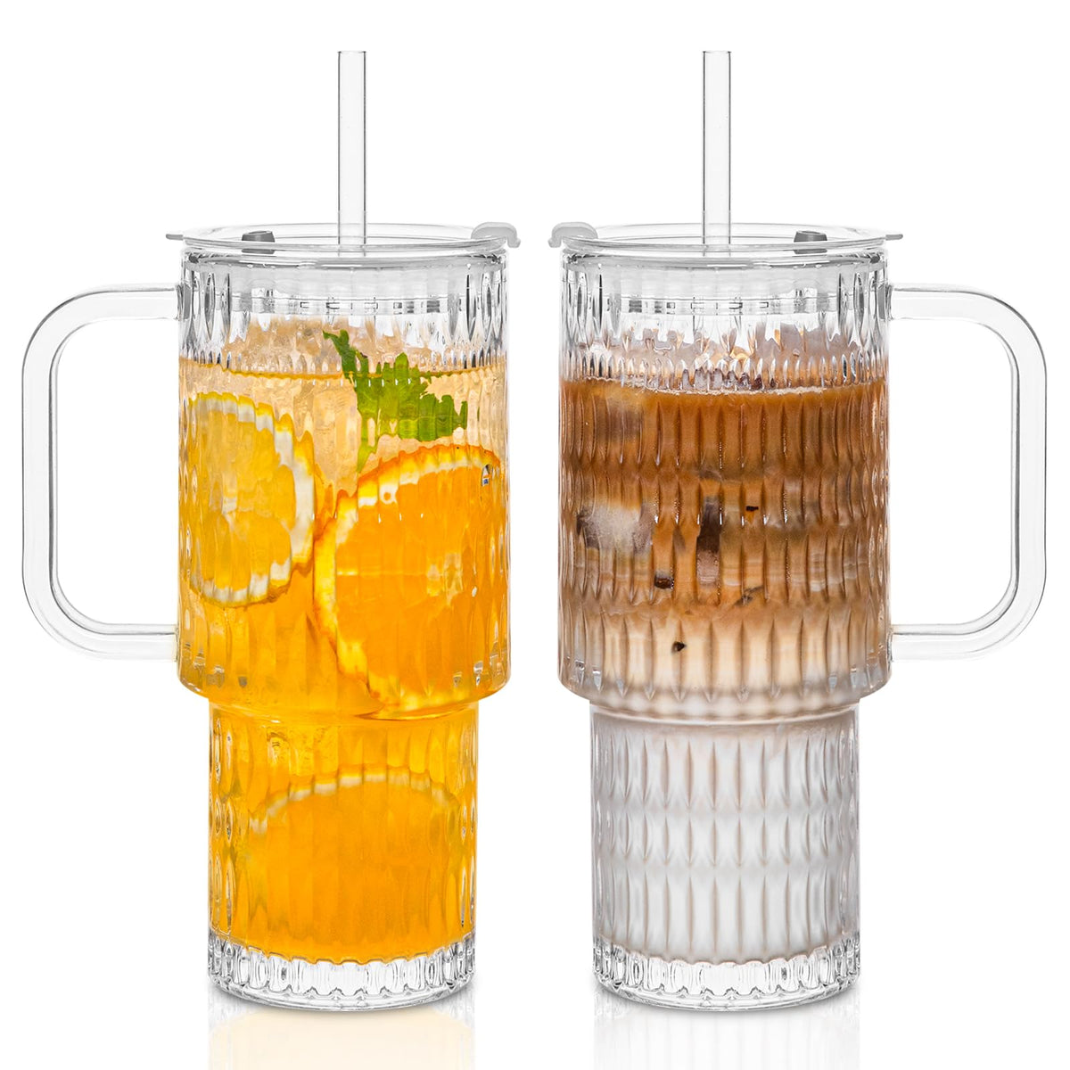 SoulTimes 24oz Ribbed Glass Tumbler with Handle and Bamboo Lid, Set of 2 Glass Cups with Lids and Straws for Coffee, Tea, Juice and Smoothies, Reusable Iced Coffee Cups Includes 2 Sealed Plastic Lids