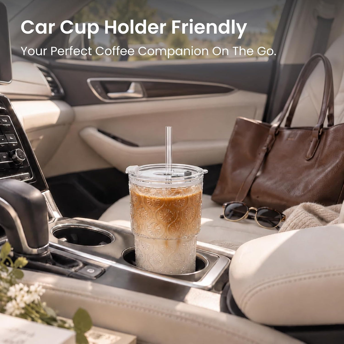INSETLAN 20 oz Iced Coffee Cups with Lids and Straw, Set of 4 Glass Tumbler