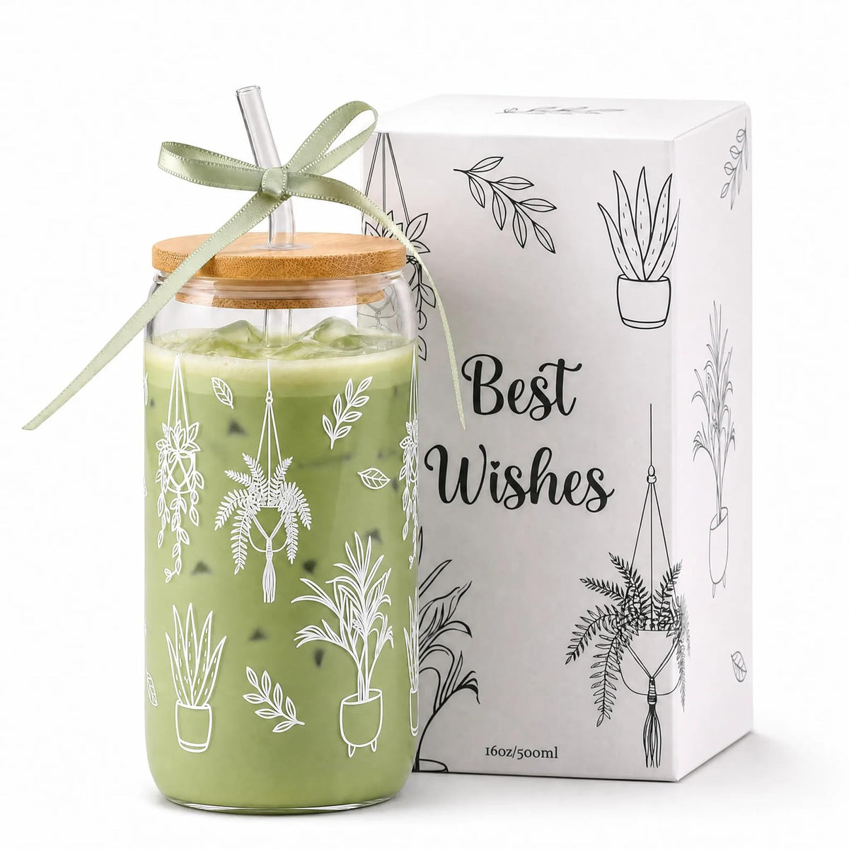 Floral Gifts for Women, Flower Glass Cup with Lid and Straw