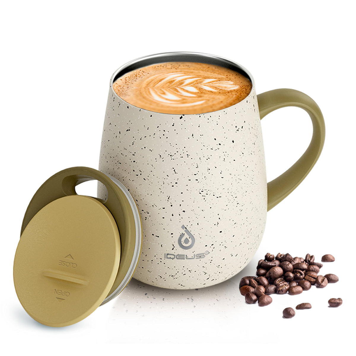 Ideus 16 oz Insulated Coffee Mug with Lid and Handle (Celadon, FUJI DAWN)