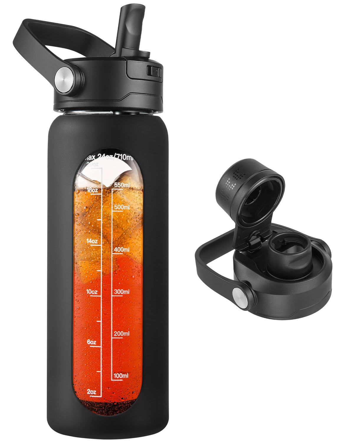 CIVAGO 64 oz Glass Water Bottle Jug with Detachable Straw and Time Maker