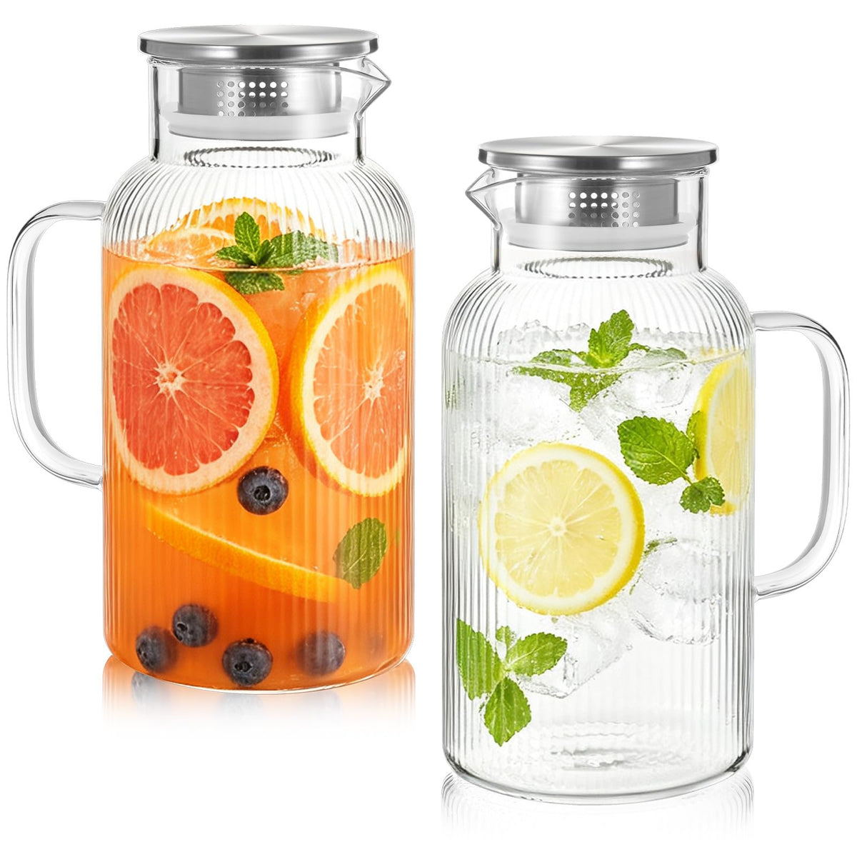 Bivvclaz 2 Liter 68 oz Glass Pitcher with Lid and Handle, Glass Carafe for Hot/Cold Water, Large Iced Tea Pitcher for Coffee, Juice and Homemade Beverage