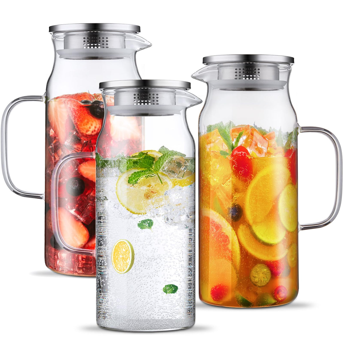 Bivvclaz 2 Liter 68 oz Glass Pitcher with Lid and Handle, Glass Carafe for Hot/Cold Water, Large Iced Tea Pitcher for Coffee, Juice and Homemade Beverage