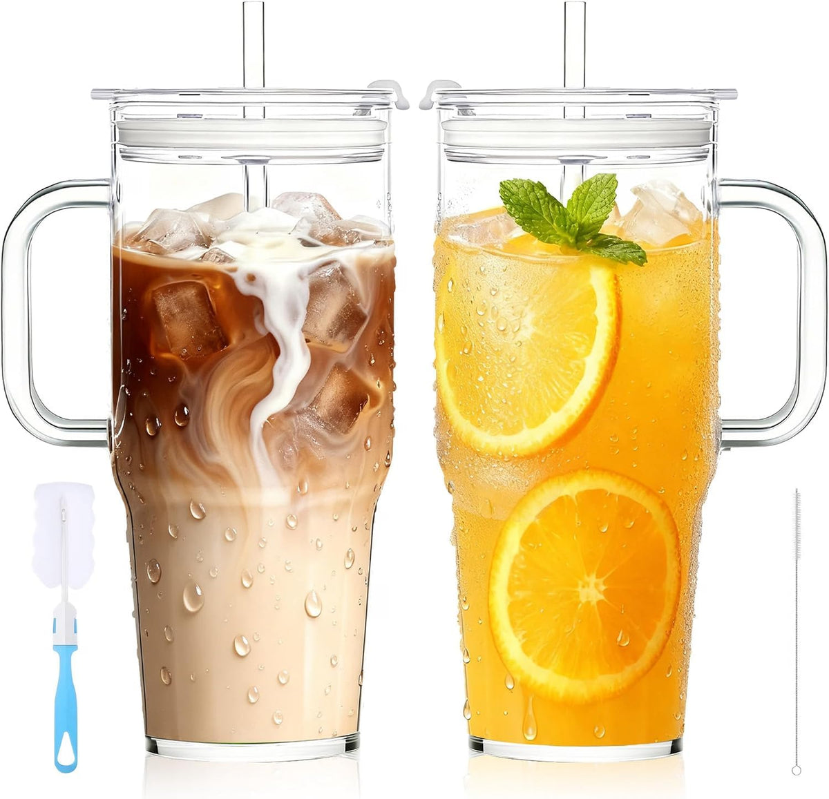 Birity 2Pack 40OZ Glass Tumbler with Handle,Glass Cup with Lid and Straw,Reusable Glass Iced Coffee Cup for Beer, Smoothies, Juice,Hot/Cold Drinks-Suitable for Birthday,Wedding