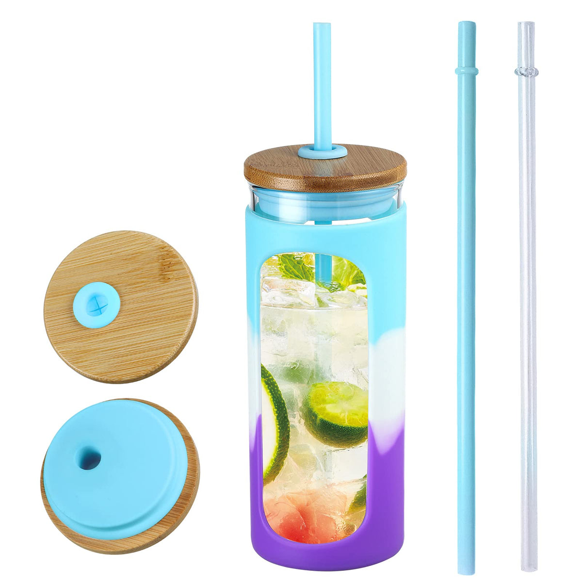 Kodrine 20oz Glass Water Tumbler with Straw and Lid, Bamboo Lids Water Bottle, Iced Coffee Cup Reusable, Wide Mouth Smoothie Cups with Protective Silicone Sleeve BPA FREE-Amber