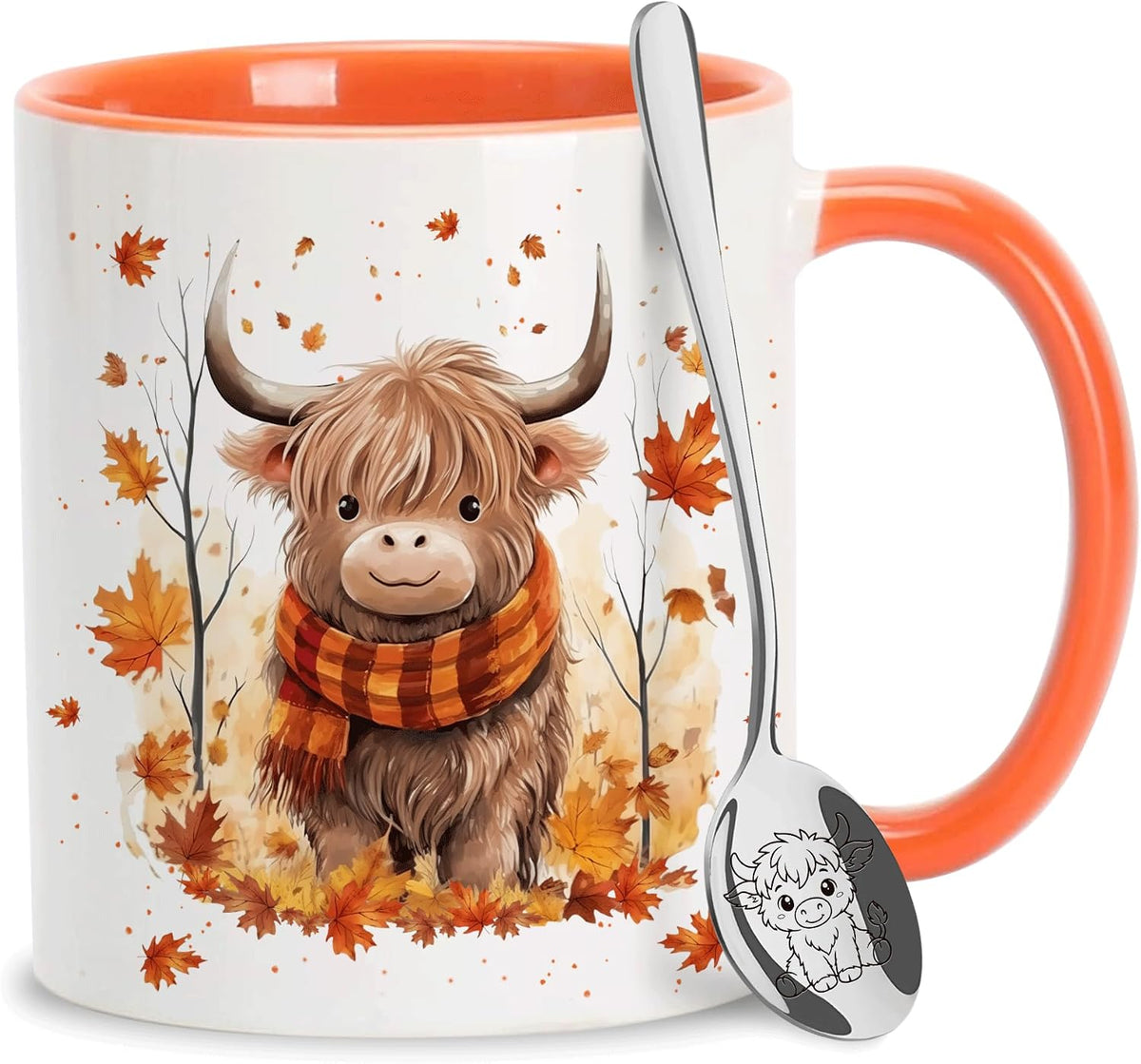 Hyturtle Fall Highland Cow Maple Leave Coffee Mug with Spoon Gift For Women